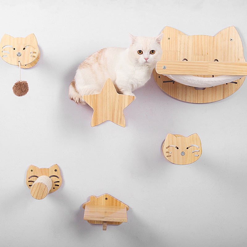Solid Wood Cat Wall Shelf featuring a playful cat on a stylish climbing frame with cute wooden designs.