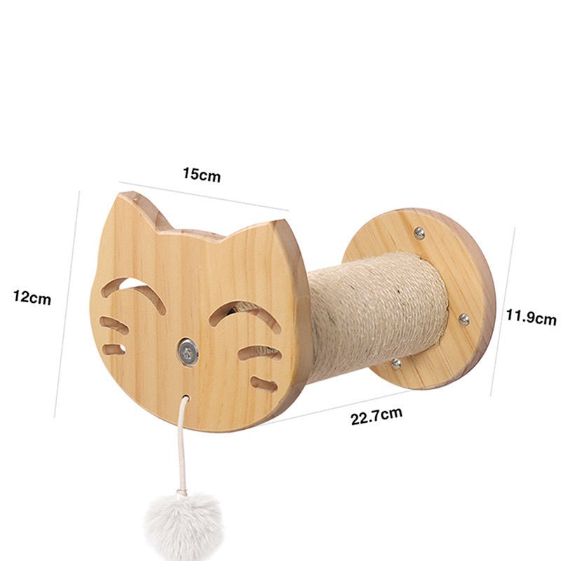 Solid Wood Cat Wall Shelf with a playful cat face design and rope for scratching and climbing fun.