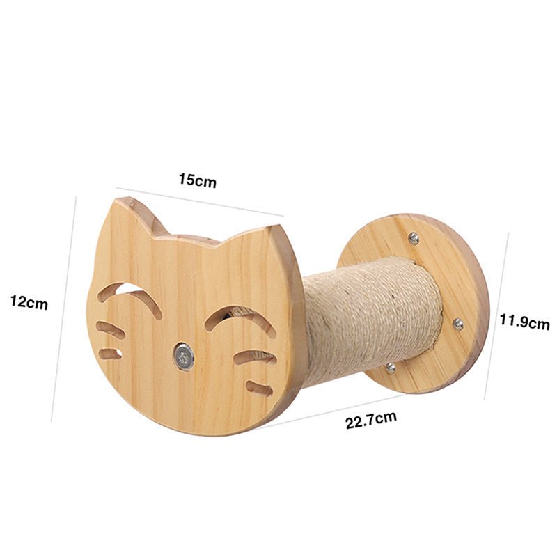 Solid Wood Cat Wall Shelf featuring a playful cat face design with scratching post, dimensions provided for cat lovers.